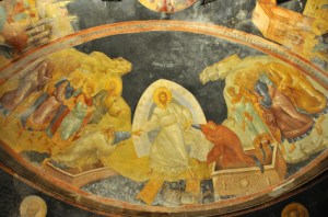 Ancient byzantine fresco of Jesus raising Adam and Eve from their tombs on the half dome of the church of saint chora in constantinople